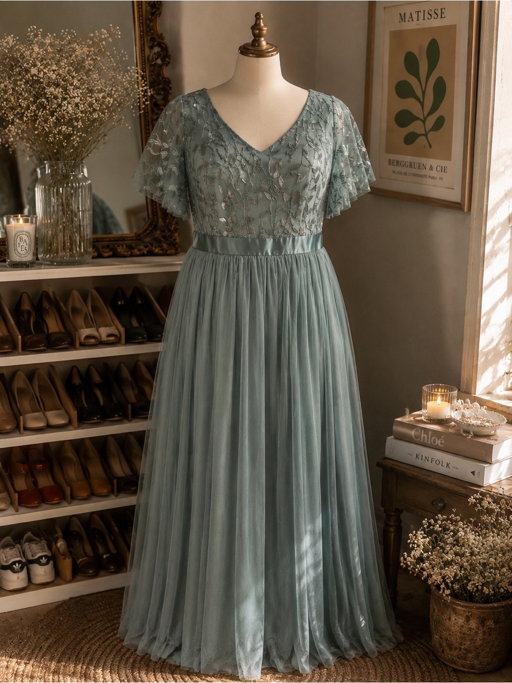 Dusty Blue Sequin Mesh Maxi Dress | Flutter Sleeve Formal Gown